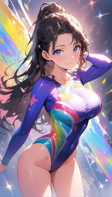 expensivequality illustration, masterpiece, Very delicate and beautiful, Attractive girl,(Gymnastics leotard, Floral print leotard,Long sleeve leotard with glitter embellishment,expensive_leg leotard,Athletic Leotards,Tight fitting leotard,Rainbow Gradient...