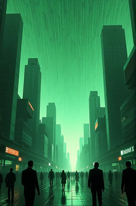 A cityscape where the sky is composed of lines of green code, opposite of the earth. Human beings are like puppets