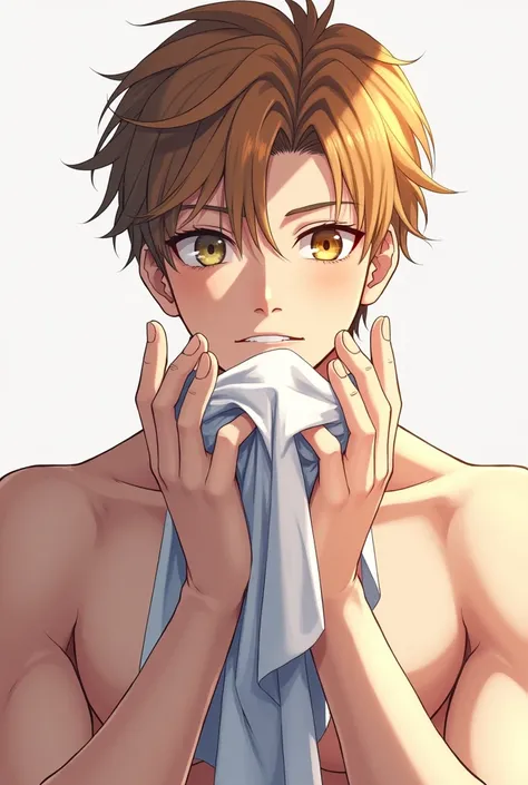 Adult anime boy facing front wiping his hands with a towel