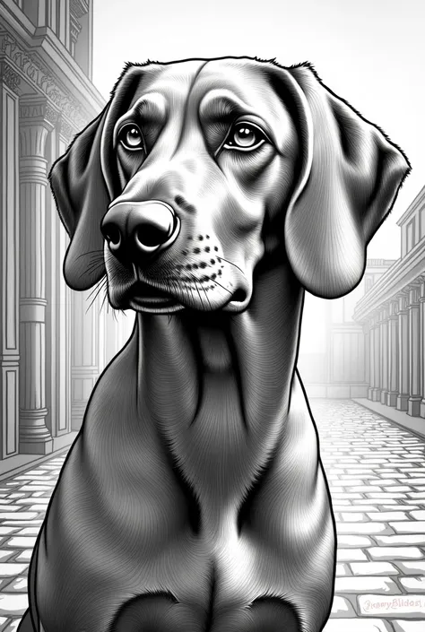 Comic picture Beautiful big vizsla with big eyes in Peaky Blinders style close to the Queen as a coloring picture in black and white