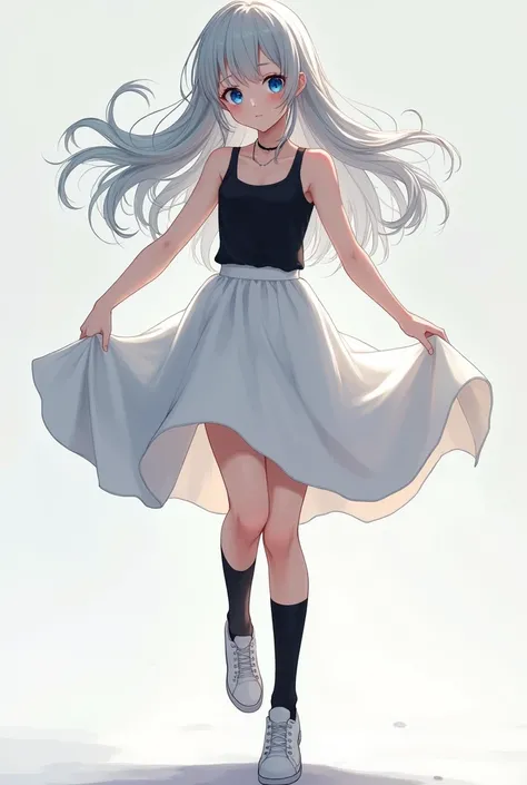 Girl, 20 years old, anime, detailed, yandere, blue eyes, long hair, silver hair, left sided bangs, full body, black tank tops, white skirts, black socks, white shoes, dancing. 