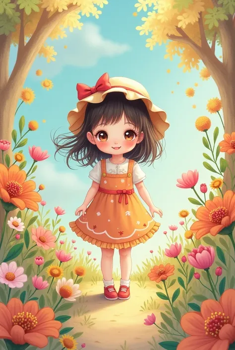 とてもcute小さい女の子と、The background is patchwork、colorful、popアップ、Illustration、anime、絵本のIllustration、pop、High image quality、cute 、Pastel colors