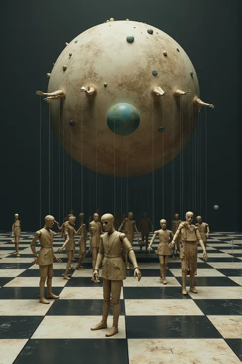 Planet on a chessboard. Men controlled like puppets 