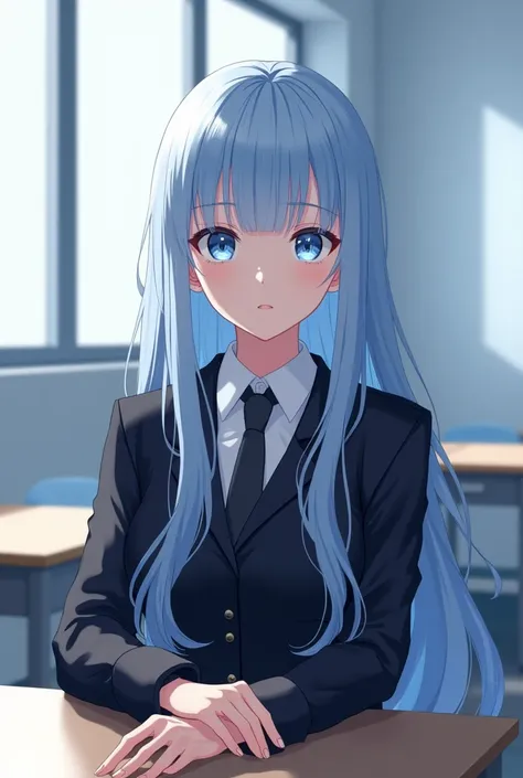 girl, long light blue hair, dark blue, sit in class, black school modern uniform, anime sexy