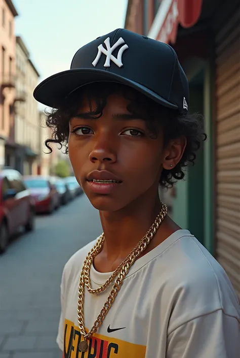 An American trap singer, a teenager with not very light skin tone, and he&#39;s wearing a New York cap, a gold plate in his teeth, gold threads around his neck and a Nike t-shirt