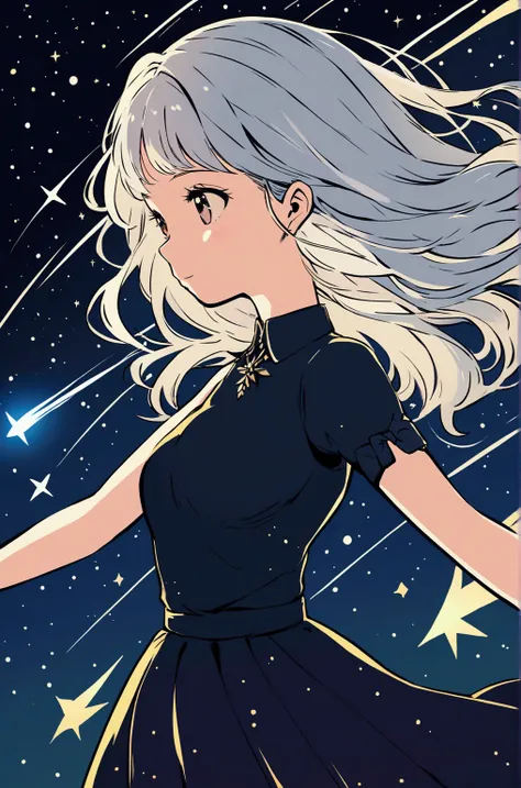 Silver Haired Girl, A shooting star crossing the starry sky.，Illustration Style