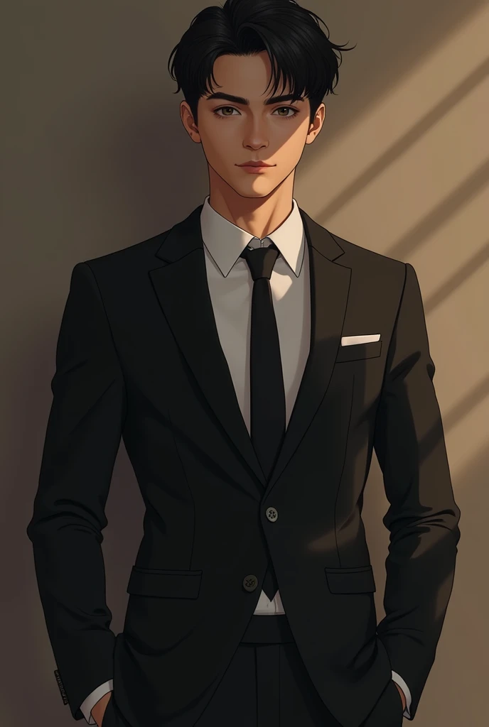 He has a long, pointed nose. 彼は適度なmuscleを持つ男性アイドルです. Hes Tall.　Full body image　Long legs, small eyes　Beautiful Profile　KPOP　 Black Hair　medium　bartender　suit　Tall　Strong chest　muscle　