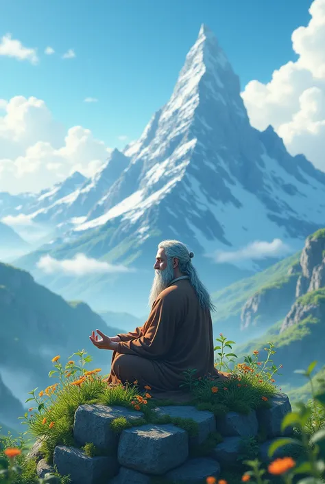 A hermit concentrating on the top of a mountain. High-quality animation. The season is spring.