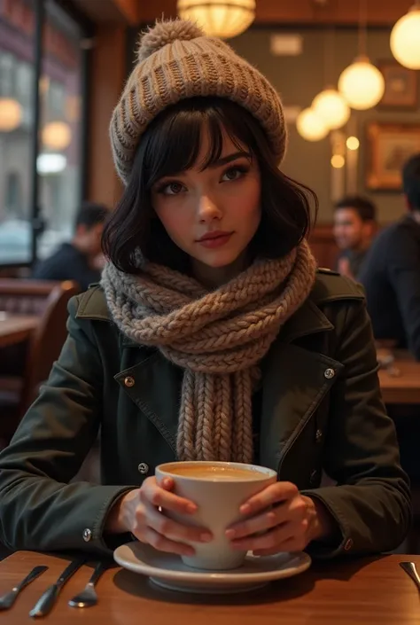 fait moi la meme model brune mais au restorant a paris avec un bonnet et une echarpe
 