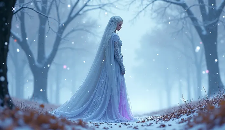  4K HD digital image snow queen, snow and snow star falling from the sky, on the ground brown foliage, all on a white background and purple spot, blueish,  Writing " ORIANE"