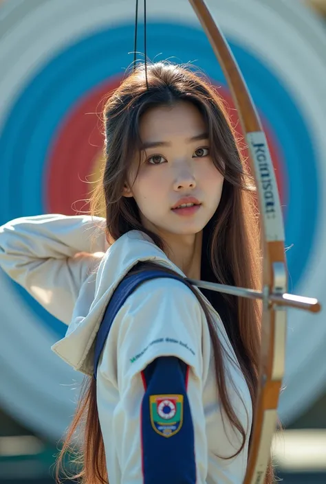 Women&#39;s archery at the Olympics，Korean team，1 beauty，Delicate facial features，cute，White skin，Long hair，full-body shot，Panoramic vistas，Wide-angle lens，Olympic Games venue，Professional equipment，Focus，Ten rings，Olympic competition background