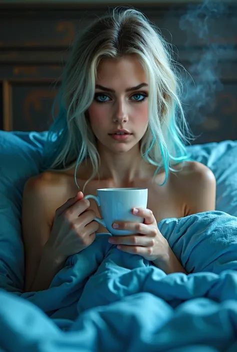 ultra realistic professional full body camera   (((blue hair, sitting in bed drinking coffee)))  (photo 1028k qhd) by (James C. Christensen:1.2|Jeremy Lipking:1.1), (Dittmann Anna:0.3), (jiner:0.3), (mise au point nette:1.3) lndswgnr,High detail, instagram...