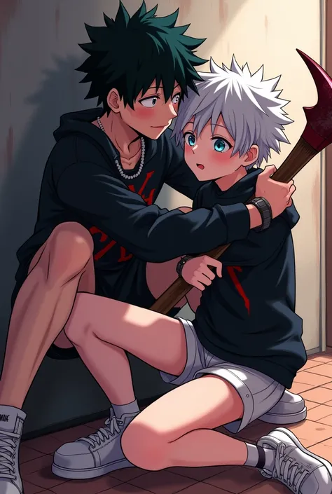 A couple of a young anime style my hero academia , of cold personality, shy and cute, with black sweatshirt, white shoes, Black and White Socks, shorts brancos, light blue eyes, black hair, fair skin and hugging a young anime girl in the style of my hero a...