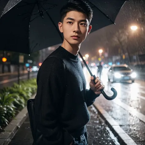 **Professional photography, hyper-realistic, side-angle shot of a young Asian man with a neat, short undercut hairstyle. He is wearing a black sweater, black jeans, and casual formal black shoes, standing upright while holding a black umbrella. The photogr...