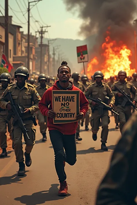 Youths running from police, police holding guns, tires burning, kenyan flag, kenyan president, youths with placards written WE HAVE NO OTHER COUNTRY in capital letter in English zoom out 