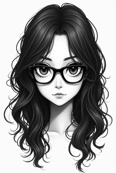 Black pencil pixel drawing of a face with long black hair with black glasses on a white background 