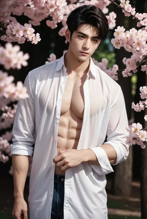 UHD, A serene park filled with cherry blossom trees in full bloom, their soft pink petals falling gently to the ground. Standing beneath the blossoms is a tall, lean, athletic man with a well-defined chest and arms. His open shirt flutters in the soft bree...