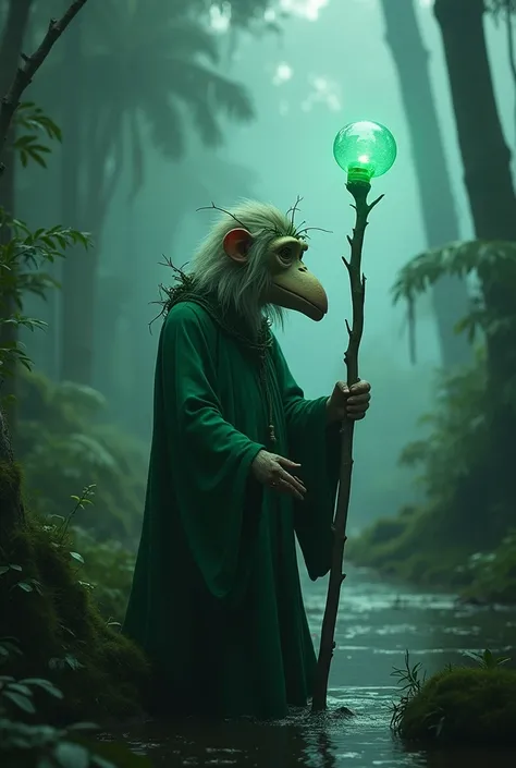 4k, a humanoid proboscis monkey with a human body wearing a green robe holding a wooden stick standing in the middle of a swamp,proboscis monkey with vine decoration on its head, a wooden wand with a green crystal ball emits a green light,night,thick fog,m...