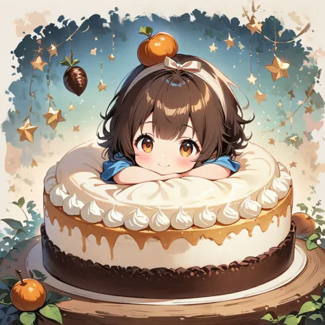 A  sitting on a big Mont Blanc cake、character、Brown hair and a soothing smile、Very cute atmosphere、Chestnuts floating around、The background is simple、Just looking at it makes it look delicious、8k、Detailed