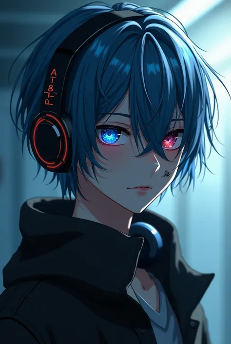 1boy, Solo, High Resolution, Anatomically Correct, HD, High Details, Short Hair, Blue Hair, Black Hair, Silver Hair, Hair Over One Eye, Blush,looks cold and sinister, Blue eyes, Simple background, From Side, Headphones, Scar On Cheek, Covered Eyes, Mask Re...