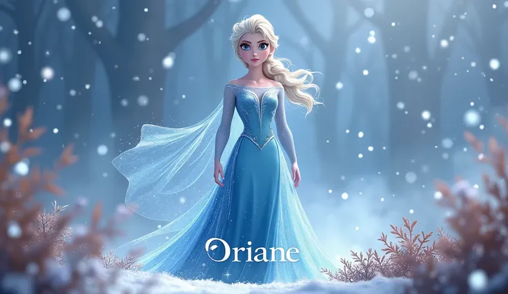  4K HD digital image Elsa, snow queen, snow and snow star falling from the sky, on the ground brown foliage, all on a white background and purple spot, blueish.
Face front view. Writing " ORIANE"