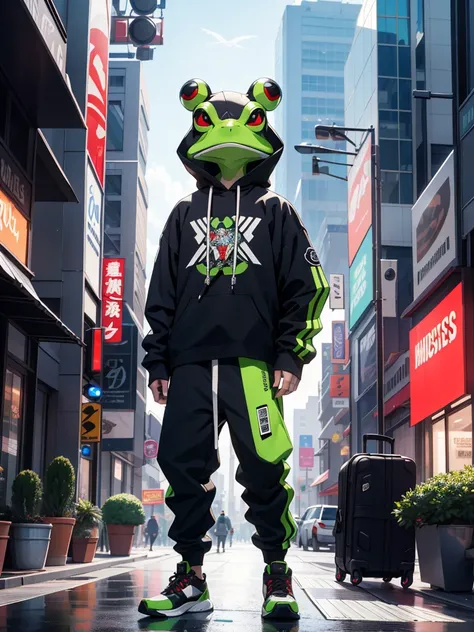 anthropomorphized frog, humanoid frog, frog man, 1 frog, loose printed t-shirt, loose straight pants, streetwear sneakers, 90s vaporwave style, 90s future vibe, 90s futuristic, vibrant colors, dynamic pose, full body, futuristic anime style, midjourney sty...