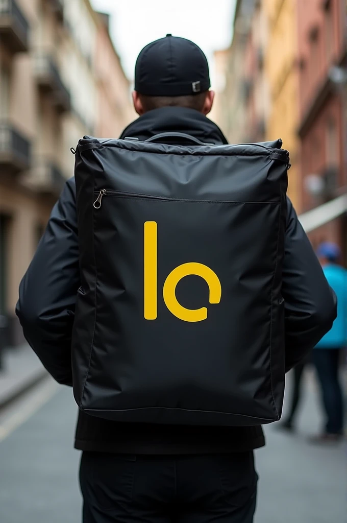 Black delivery backpack with logo that says labicidelivery in yellow and some shape 