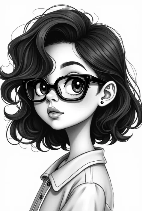 Female pixel cartoon in black pencil of a face with big black hair with black glasses on the white background 