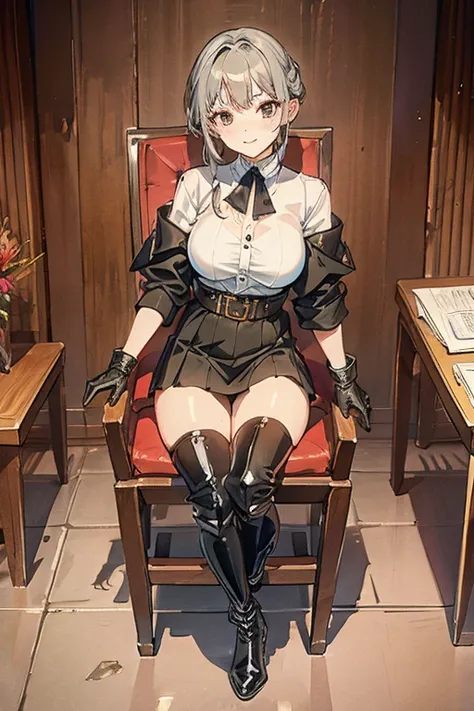 A woman is sitting on a chair, Crossing your legs, Gray Hair,mini skirt, Long boots,Patent leather long gloves, Torture chamber, Looking down on you,Happy face, Close-up of the sole of the foot,