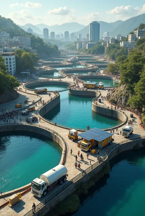 realistic image of a city with difficulties with water supply in Brazil, with a large system of reservoirs to capture rainwater, interconnected to machines for treatment, water filtration and purification, using solar energy for its operation, with trucks ...