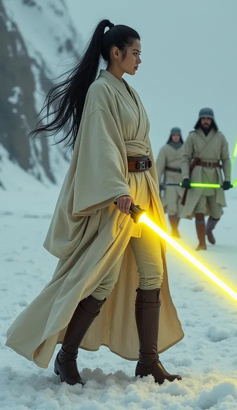 S{Best Quality}, {Excellent}, {8K}, High Quality, Knight, Jedi, Female, Long Hair, Black Hair, {Ponytail:1.2}, Full Body Image, Yellow Glowing Lightsaber, Great Figure, Long Legs, {Combat}, Jedi Outfit, Two Jedi Knights Behind, {Green Lightsaber in Hand:1....