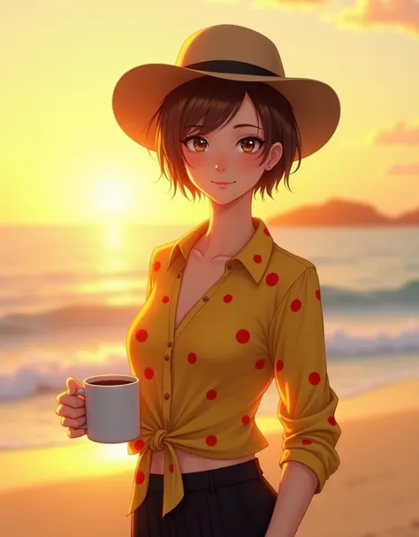 Realistic, beautiful woman 35 years pixie cut brown hair, wearing a beach-hat  , yellow shirt with red dots, black pants, thin smile, mug of coffee, standing on the beach, rising sun morning, yellow atmosphere 