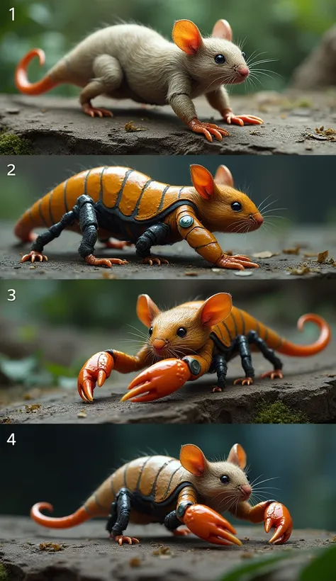 1. **Realistic Mouse-Scorpion Hybrid:**
   "Create a realistic image of a hybrid animal that combines a mouse and a scorpion. The body should be predominantly mouse-like, with the tail and pincers of a scorpion. Ensure the texture and details blend smoothl...