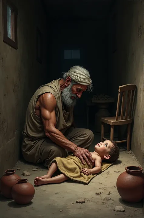 Poor Farmer and His Sick Son A humble, weathered farmer sits beside a simple cot where his frail young son lies sick, wrapped in a blanket. The farmer’s face reflects worry and sadness, while the room is dimly lit, with basic household items like clay pots...