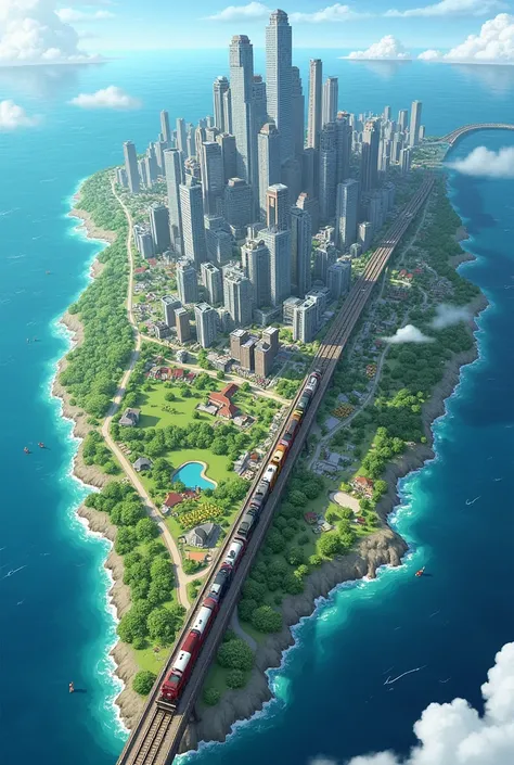 in the middle of the sea there is an island - a city, in the middle of the island there is a business city - the center, nearby there are residential areas and streets with multi-storey buildings, There is a small farm on the island, fields, gardens, trees...