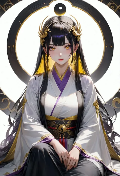 Long smooth straight black hair, inner colored dark-purple hair, golden eyes,sitting in ying yang robes, masterpiece, super detail, best quality, 8k,realistic