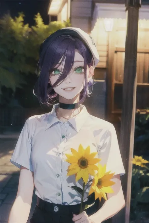 (Best Quality)、(Best Quality)、cut、Chainsaw Man、cute、(Choker).Emerald eyes、Her hair is purple、Short Bob、Beautiful night view、whole body、detailed、強力なdetailed、cut、((White Cap)).((White short sleeve shirt)).((Black shorts)).((A kind smile)).((Yellow flower wit...