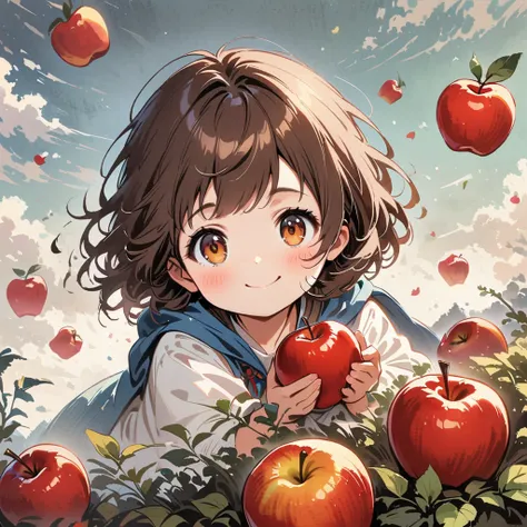  riding a red apple、character、Brown hair and a soothing smile、Very cute atmosphere、Apples floating around、Just looking at it makes it look delicious、8k、Detailed