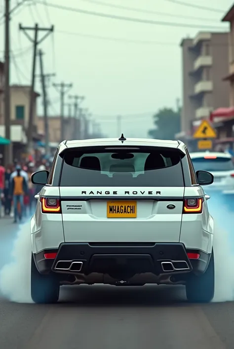 The black young man in new  white range rover sport drift in town and the yellow plate number written MHAGACHI , front the bright future team celebrating about bf suma in Africa 