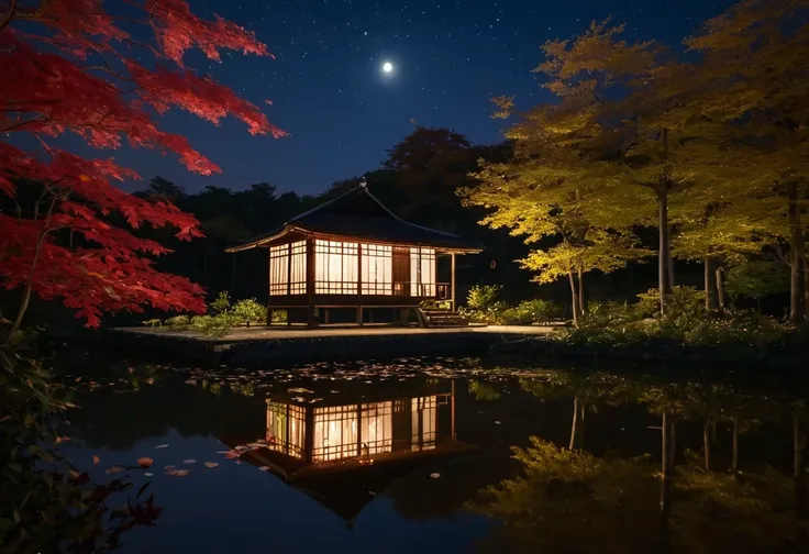 Moonlit Night, Traditional wooden house, Quiet Pond, Light reflected on the surface of the water, Delicate wood々, White Flower, autumn leaves, Bright red leaves, Natural scenery, Starry night sky, Gentle light coming through the window of the house, Peacef...