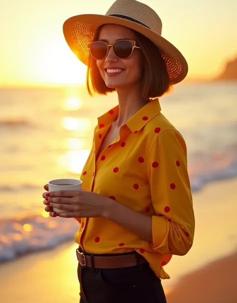 Realistic, beautiful woman 35 years , face details hd, short bob cut brown hair, wearing a beach-hat  , sunglasses yellow shirt with red dots, black pants, thin smile, mug of coffee, standing on the beach, rising sun morning, yellow atmosphere 