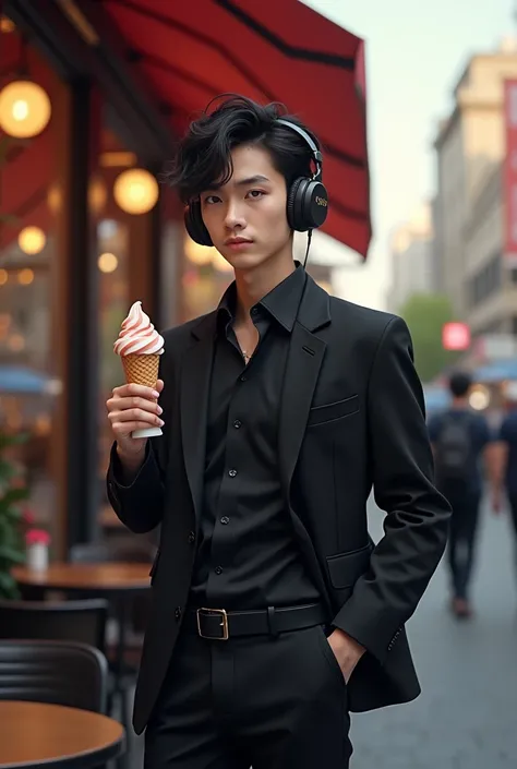  Office view .One cute boy   wear   funky clothes , headphones   and   eating ice cream . handsome cute boy wearing black suit   standing on outside of cafe
