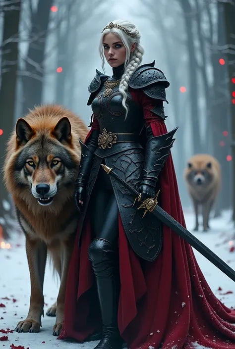  armor in the icy forest，Beside him is a large brown wolf in armor..A silver-haired velaryon and the most beautiful of the seven kingdoms,  with wavy white hair,side braids,beautiful colar, Targaryen women hairstyle,beautiful gold tiara, Red and black dres...