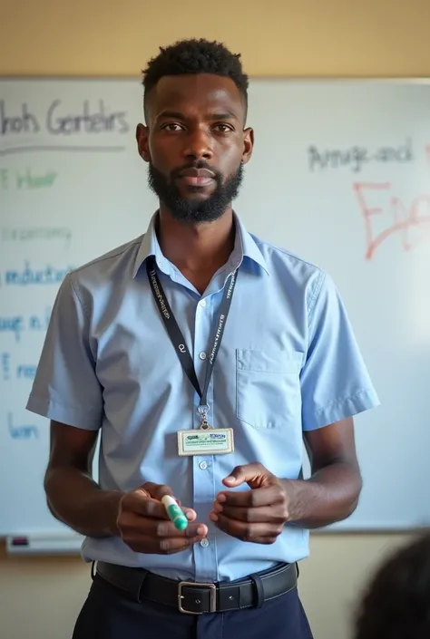 A young Malagasy man teaching English at a training Center.
Standing in front of a white board, holding a marker on his right hand. He is wearing a badge. 