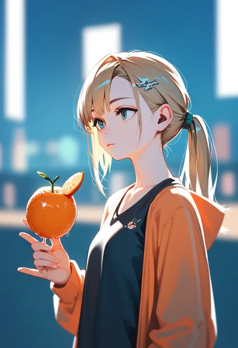 medium quality,1girl,solo,rusk,single ponytail,side face,fruit juice,blurred background,light rendering,illumination,newest,mast...