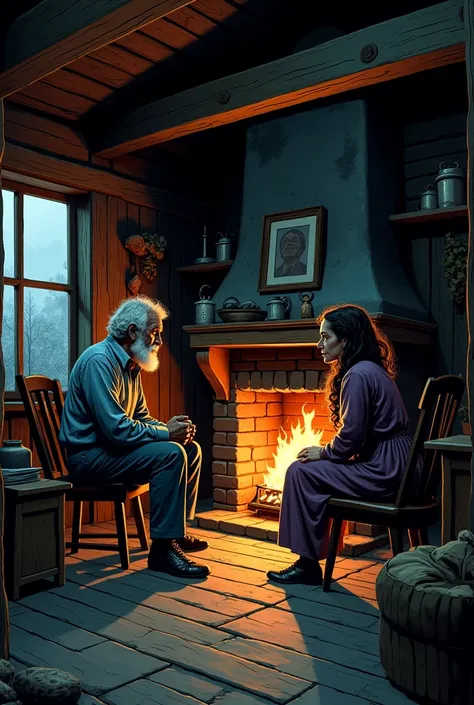 American comic style illustration.

Late at night, inside a small wooden cabin, a middle-aged man and woman (husband and wife) are having a conversation in which they discuss the abandonment of their children Hansel and Gretel in the woods due to poverty.
...