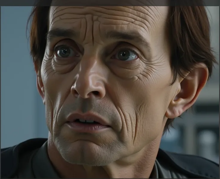 A 46 yo Android [Bishop:Lance Henriksen:0.1] wears an orange space ship crew jumper with determimed face searching for an escapee Face Hugger in a cabin crew, intense full caution expression, Insanely detailed and intricate space ship cabin, shallow depth ...