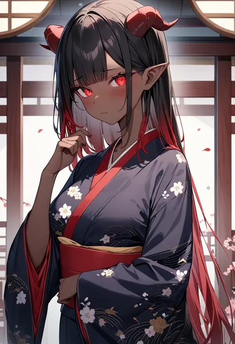 (masterpiece, top quality, very aesthetic, 4k、illustration), (beautiful Japanese demon)、intricate detail, 1woman,solo, 、()、(middle hair)、blunt bangs,Dark red skin,(cowboy shot)、beautiful women、()、(Small horns),(Multicolored Hair),(kimono), sleepy clear fac...