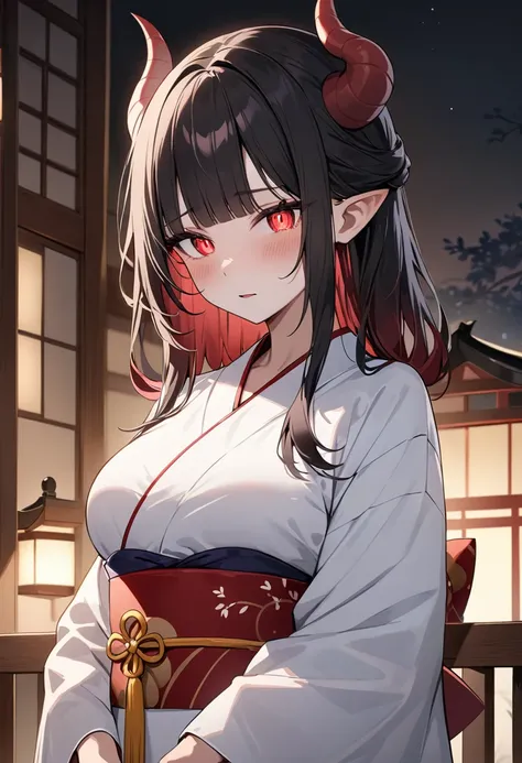 (masterpiece, top quality, very aesthetic, 4k、illustration), (beautiful Japanese demon)、intricate detail, 1woman,solo, 、()、(middle hair)、blunt bangs,Dark red skin,(cowboy shot)、beautiful women、()、(Small horns),(Multicolored Hair),(kimono), sleepy clear fac...