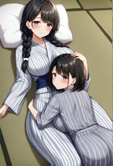 高いquality illustration, masterpiece, Very delicate and beautiful, masterpiece, Best Quality, High resolution, Very detailed, Perfect lighting、2 women、Large Breasts、Braids、Black Hair、Striped yukata、White and grey yukata、((Mother and Daughter))、((Parent and ...